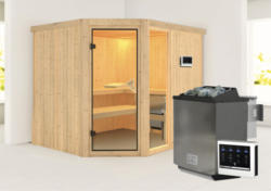 Elementsauna Karibu Varberg Premium 3 Eck inkl.9 kW Bio Ofen u.ext.Steuerung ohne Dachkranz mit bronzierter Ganzglastüre