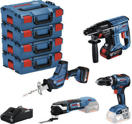 Bosch Professional 18V-Profi-Set Sanitär Akku-Schlagbohrschrauber GSB 18V-55 + Akku-Tigersäge GSA 18V-LI C + Akku-Bohrhammer GBH 18V-21 + Akku-Multi-Cutter GOP 18V-28 inkl. 2 Akkus (5.0 Ah), Ladegerät und 4x L-BOXX 136