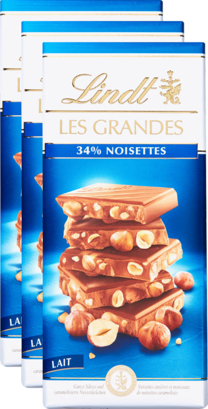 Lindt Les Grandes Tafelschokolade Milch, 34% Haselnüsse, 3 x 150 g