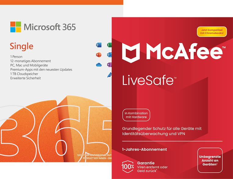 Microsoft 365 Single 1 Jahr + McAfee LiveSafe Attach für alle Geräte in einem Haushalt, Jahr, Code einer Box - [PC, iOS, Mac, Android] [Multiplattform]