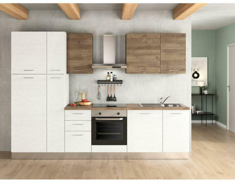 Küchenzeile Dafne mit Geräten 300 cm Weiß/Walnussfarben