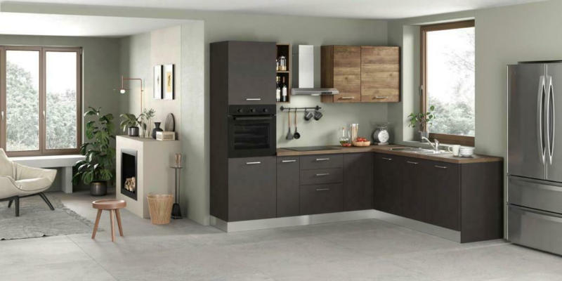 Einbauküche Eckküche Möbelix Freia mit Geräte 250x225 cm Anthrazit/Nussbaum