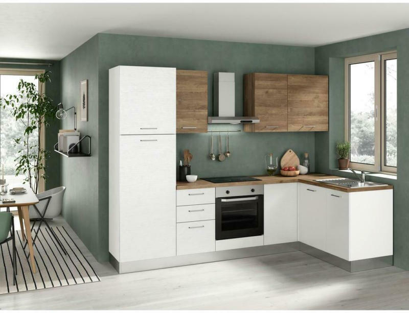 Einbauküche Eckküche Möbelix Dafne mit Geräte 270x165 cm Weiß/Nussbaum