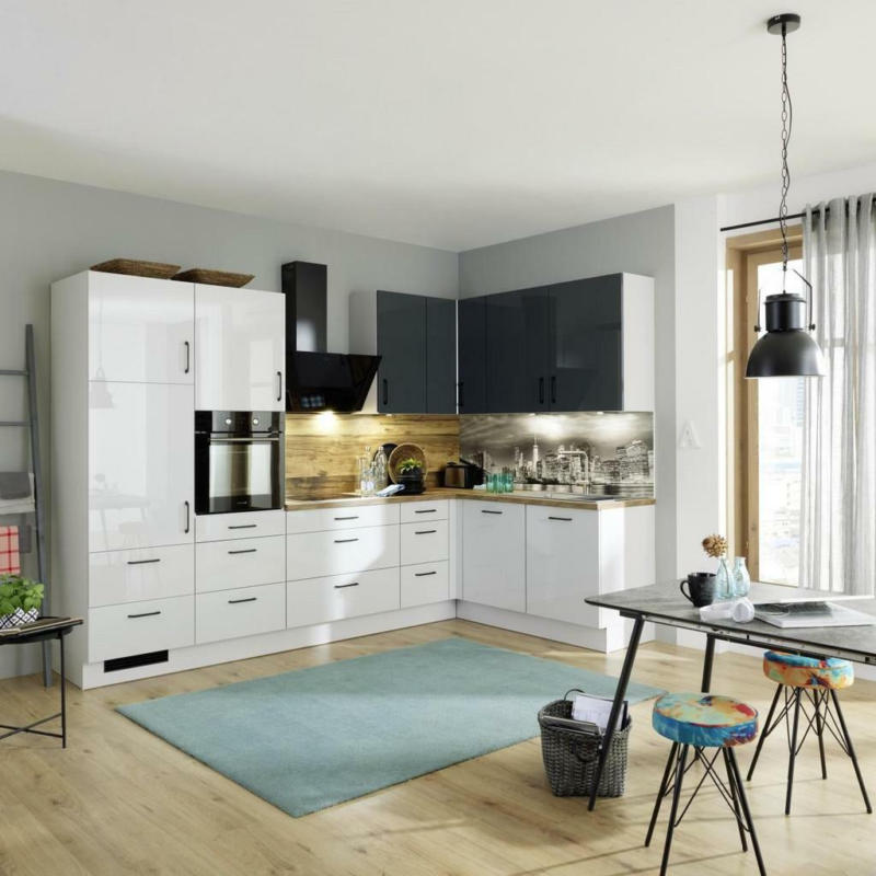 Einbauküche Eckküche Möbelix Ip4050 ohne Geräte 320x185 cm Hellgrau/Anthrazit