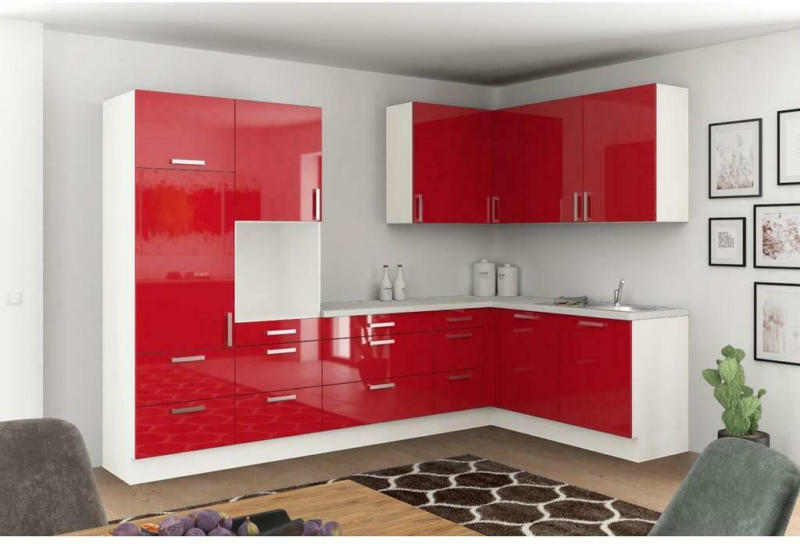 Einbauküche Eckküche Möbelix Ip4050 ohne Geräte 320x185 cm Rot/Weiß