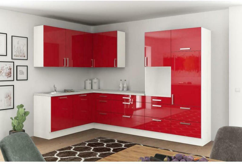 Einbauküche Eckküche Möbelix Ip4050 ohne Geräte 185x320 cm Rot/Weiß