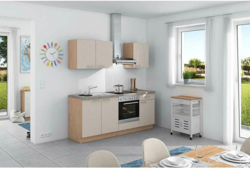 Küchenzeile Base ohne Geräte 200 cm Crema/Eiche/Beton Hell