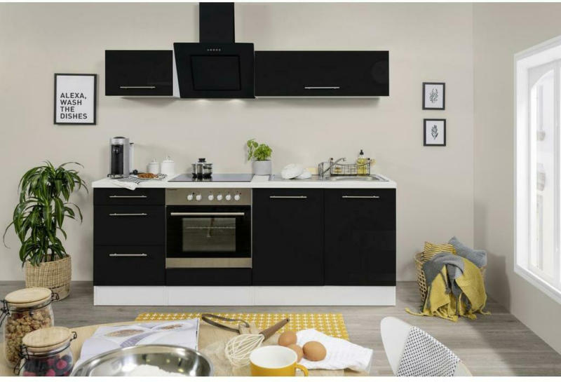 Küchenzeile mit Geräten 210 cm Schwarz Hochglanz