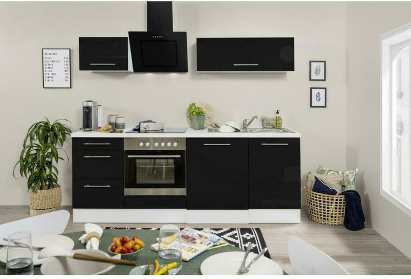 Küchenzeile mit Geräten 220 cm Schwarz Hochglanz/Weiß