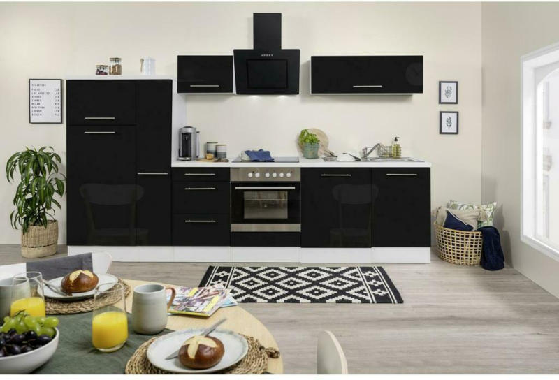 Küchenzeile mit Geräten 310 cm Schwarz Hochglanz/Weiß
