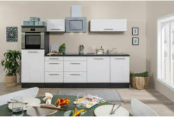 Küchenzeile mit Geräten 280 cm Weiß Hochglanz/Eiche Grau