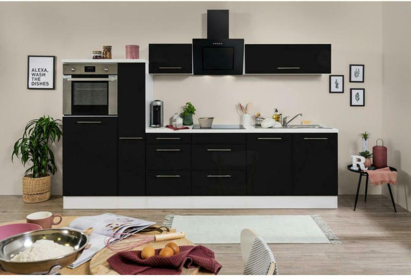 Küchenzeile mit Geräten 300 cm Schwarz Hochglanz/Weiß