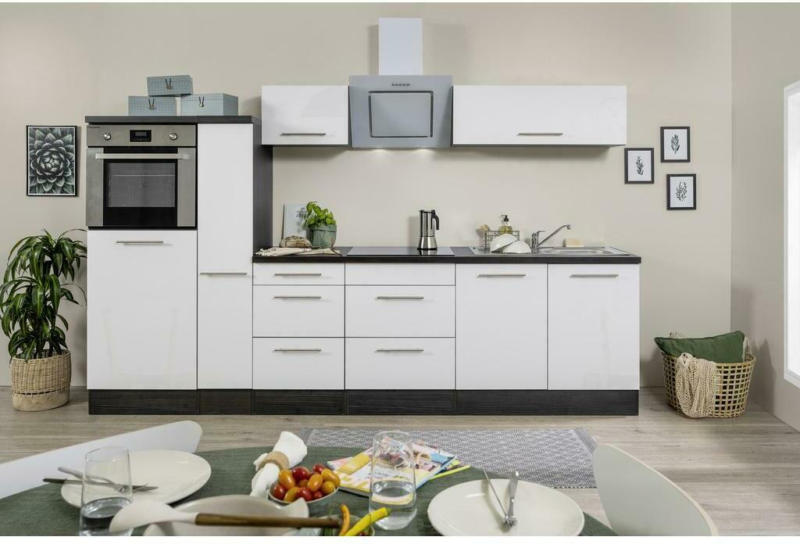 Küchenzeile mit Geräten 300 cm Weiß Hochglanz/Eiche Grau