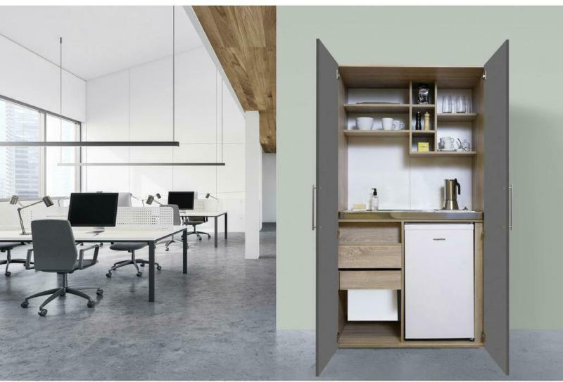 Schrankküche mit Kühlschrank + Kochfeld 104 cm Grau