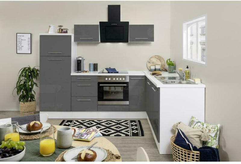 Einbauküche Eckküche Möbelix mit Geräten 260x200 cm Grau Hochglanz