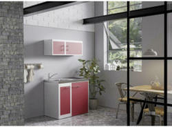 Miniküche mit Kühlschrank + Kochfeld 100 cm Rot/Weiß