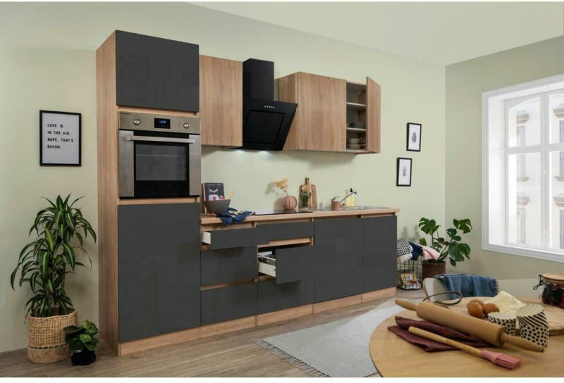 Küchenzeile Premium mit Geräten 280 cm Grau/Eiche Dekor