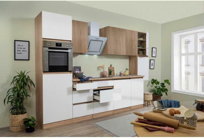 Küchenzeile Premium mit Geräten 330 cm Weiß/Eiche Dekor