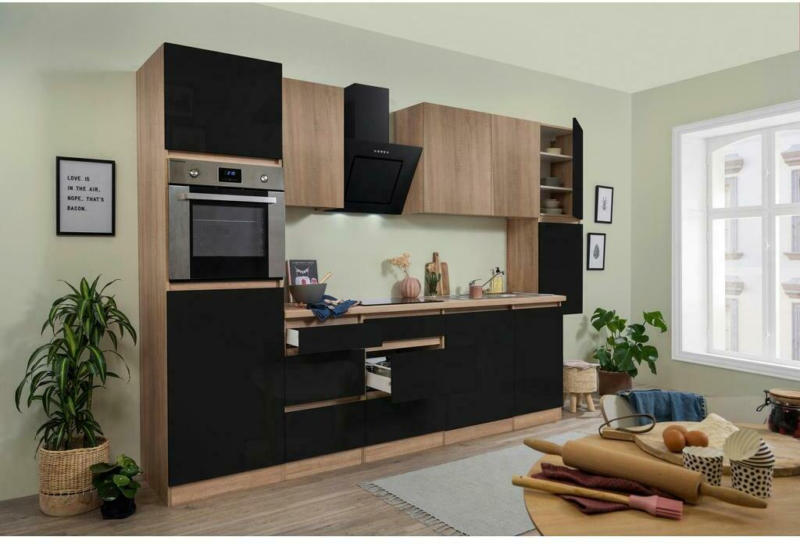 Küchenzeile Premium mit Geräten 330 cm Schwarz/Eiche Dekor
