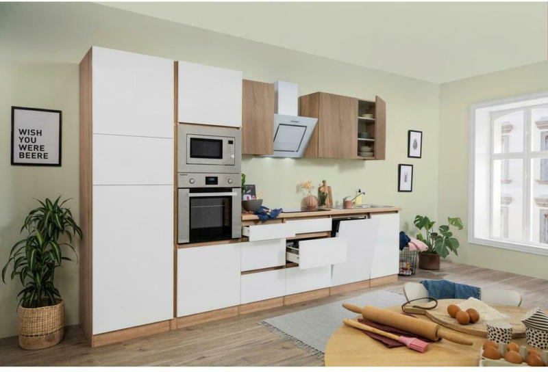 Küchenzeile Premium mit Geräten 345 cm Weiß/Eiche Dekor