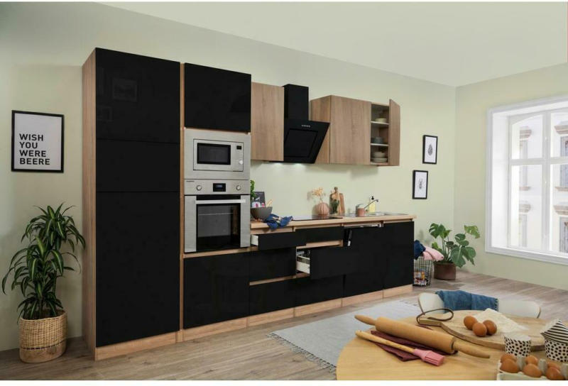 Küchenzeile Premium mit Geräten 345 cm Schwarz/Eiche Dekor