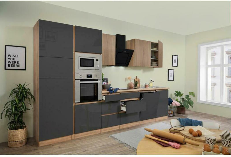 Küchenzeile Premium mit Geräten 345 cm Grau/Eiche Dekor