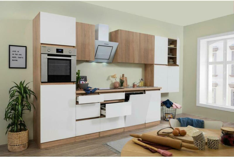 Küchenzeile Premium mit Geräten 380 cm Weiß/Eiche Dekor