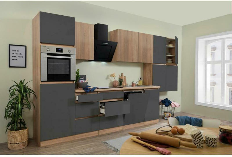 Küchenzeile Premium mit Geräten 380 cm Grau/Eiche Dekor