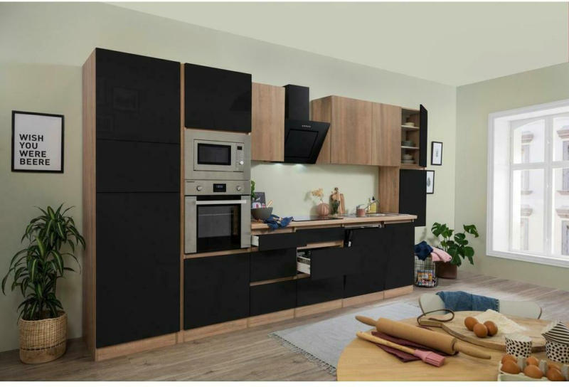 Küchenzeile Premium mit Geräten 395 cm Schwarz/Eiche Dekor