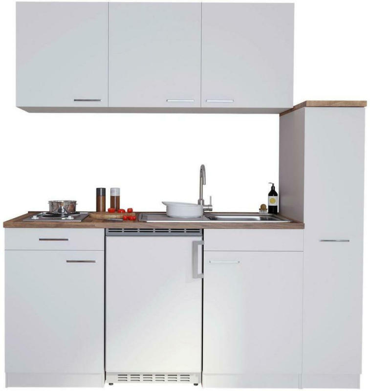Küchenzeile Economy mit Geräten 180 cm Weiß/Nussbaum Dekor