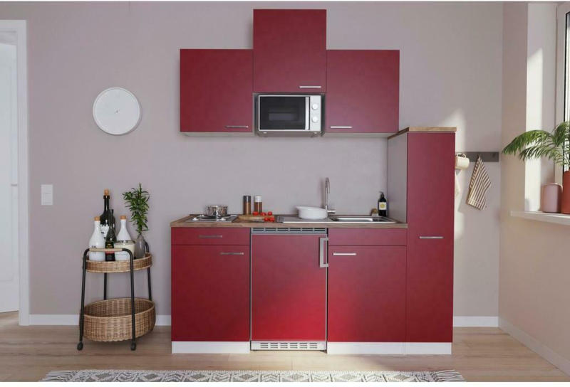 Küchenzeile Economy mit Geräten 180 cm Rot/Nussbaum Dekor