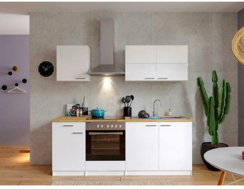 Küchenzeile Economy mit Geräten 210 cm Weiß/Nussbaum Dekor
