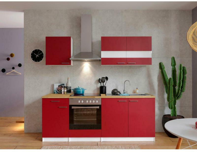 Küchenzeile Economy mit Geräten 210 cm Rot/Nussbaum Dekor