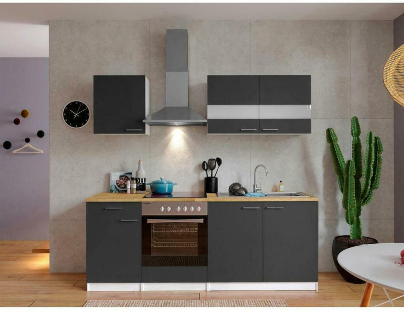 Küchenzeile Economy mit Geräten 210 cm Grau/Nussbaum Dekor