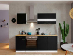 Küchenzeile Economy mit Geräten 210 cm Schwarz/Nussbaum Dekor