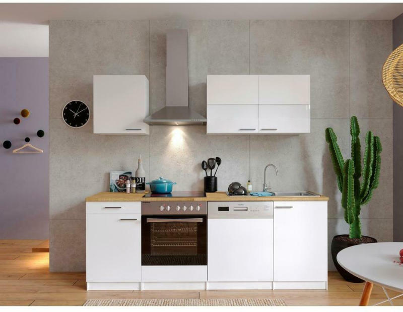 Küchenzeile Economy mit Geräten 220 cm Weiß/Nussbaum Dekor