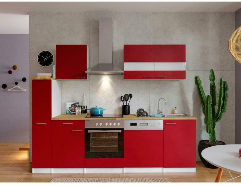 Küchenzeile Economy mit Geräten 250 cm Rot/Nussbaum Dekor