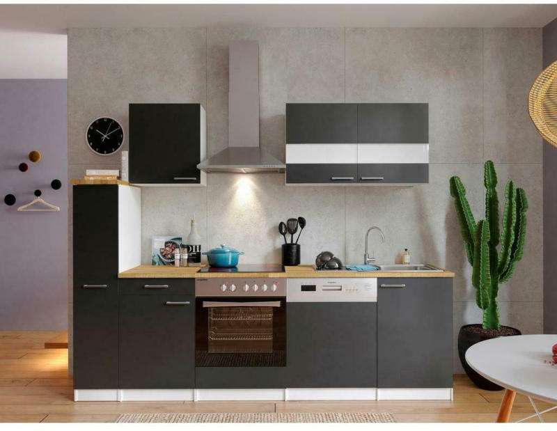 Küchenzeile Economy mit Geräten 250 cm Grau/Nussbaum Dekor