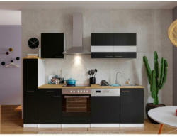 Küchenzeile Economy mit Geräten 250 cm Schwarz/Nussbaum Dekor