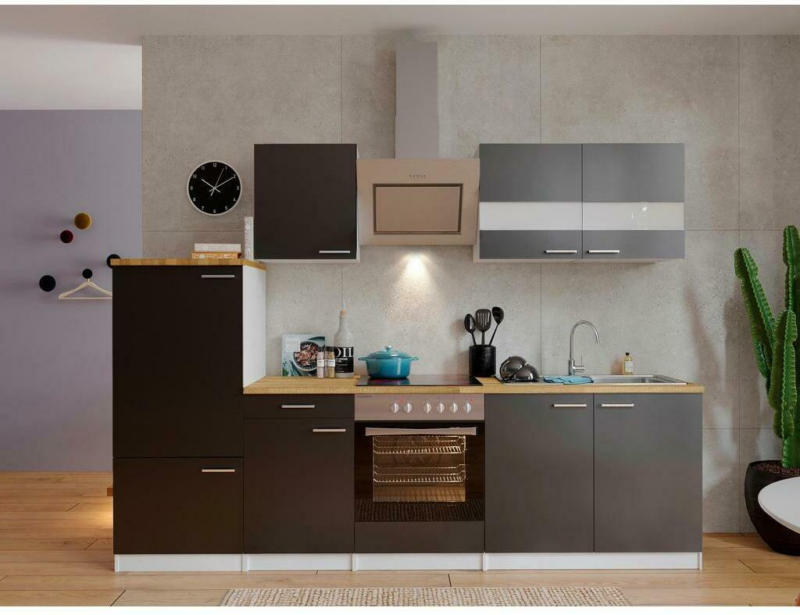 Küchenzeile Economy mit Geräten 270 cm Grau/Nussbaum Dekor