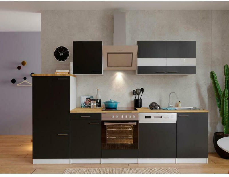 Küchenzeile Economy mit Geräten 280 cm Schwarz/Nussbaum Dekor