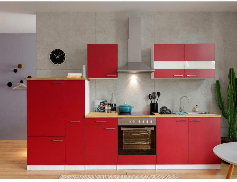 Küchenzeile Economy mit Geräten 300 cm Rot/Nussbaum Dekor
