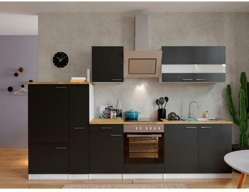 Küchenzeile Economy mit Geräten 300 cm Schwarz/Nussbaum Dekor