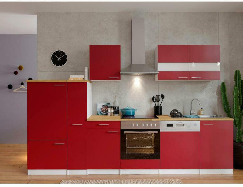 Küchenzeile Economy mit Geräten 310 cm Rot/Nussbaum Dekor