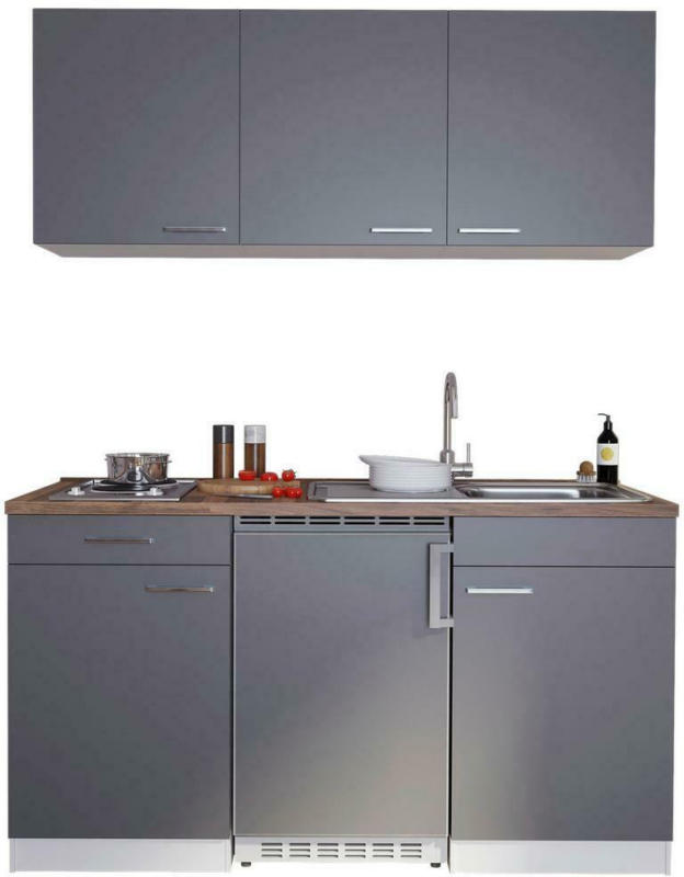 Miniküche Economy mit Geräten 150 cm Grau/ Nussbaum Dekor
