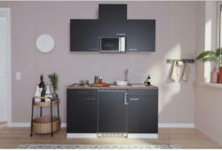 Miniküche Economy mit Geräten 150 cm Schwarz/ Nussbaum Dekor