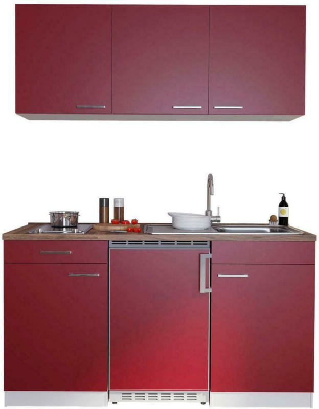 Miniküche Economy mit Geräten 150 cm Rot/ Nussbaum Dekor