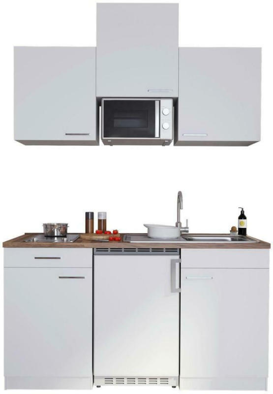 Miniküche Economy mit Geräten 150 cm Weiß/ Nussbaum Dekor