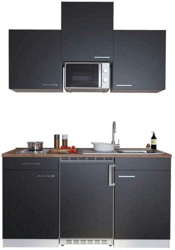 Miniküche Economy mit Geräten 150 cm Schwarz/Nussbaum Dekor