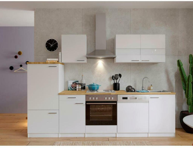 Küchenzeile Economy mit Geräten 280 cm Weiß/Nussbaum Dekor